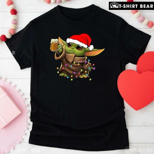 Baby Yoda With Santa Hat Drinking Beer for Christmas T-Shirt