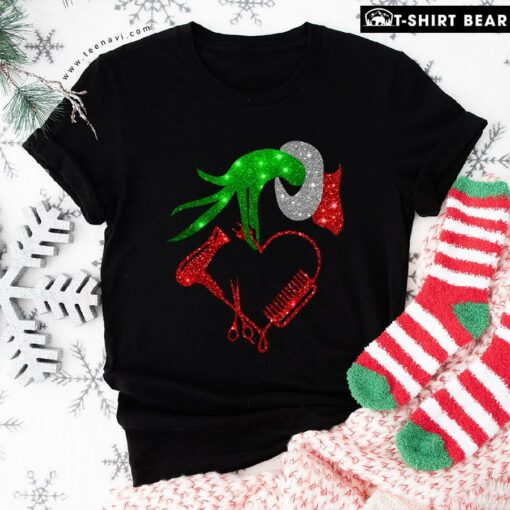 Grinch Hand Holding Hair Dryer Comb Scissors Christmas T-Shirt