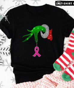Nice Grinch Hand Holding Breast Cancer Awareness Christmas T-Shirt