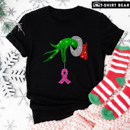 Nice Grinch Hand Holding Breast Cancer Awareness Christmas T-Shirt