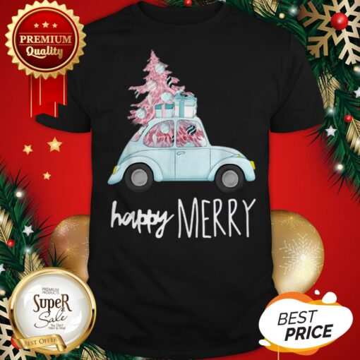 Pretty Happy Merry Vintage Car Christmas Holiday Pink Xmas Tree Shirt